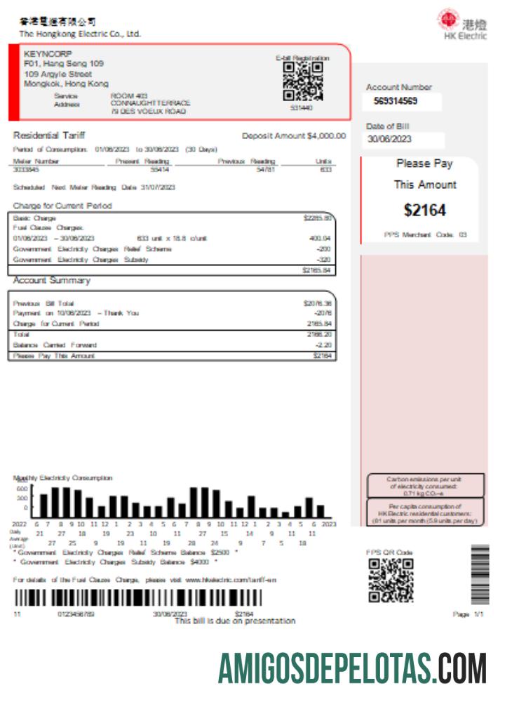 Projeto de lei de serviços públicos da empresa elétrica de Hong Kong SCR amostra